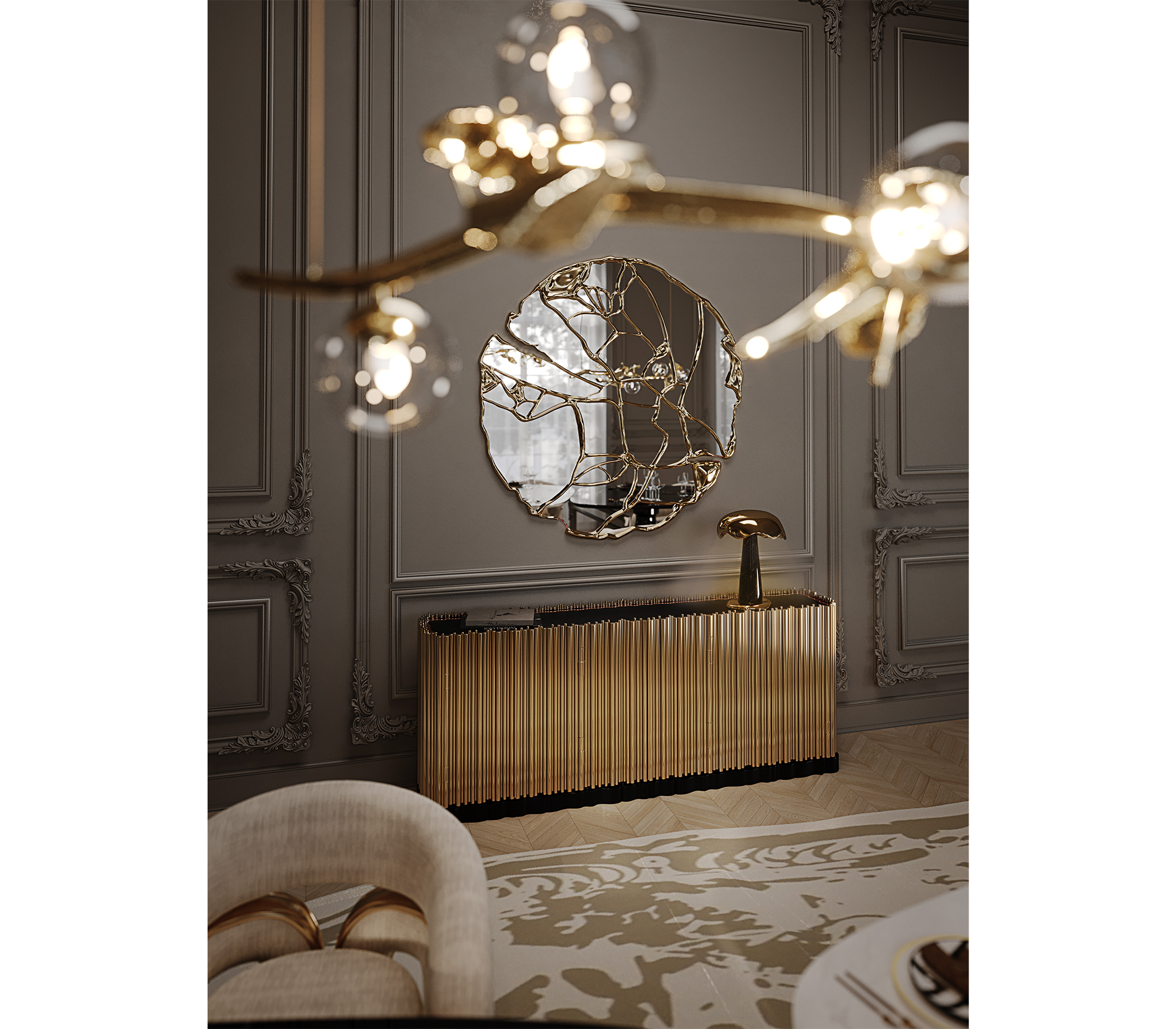 Luxury Brass Sideboard Cabinet with Sculptural Doors & Hidden Storage