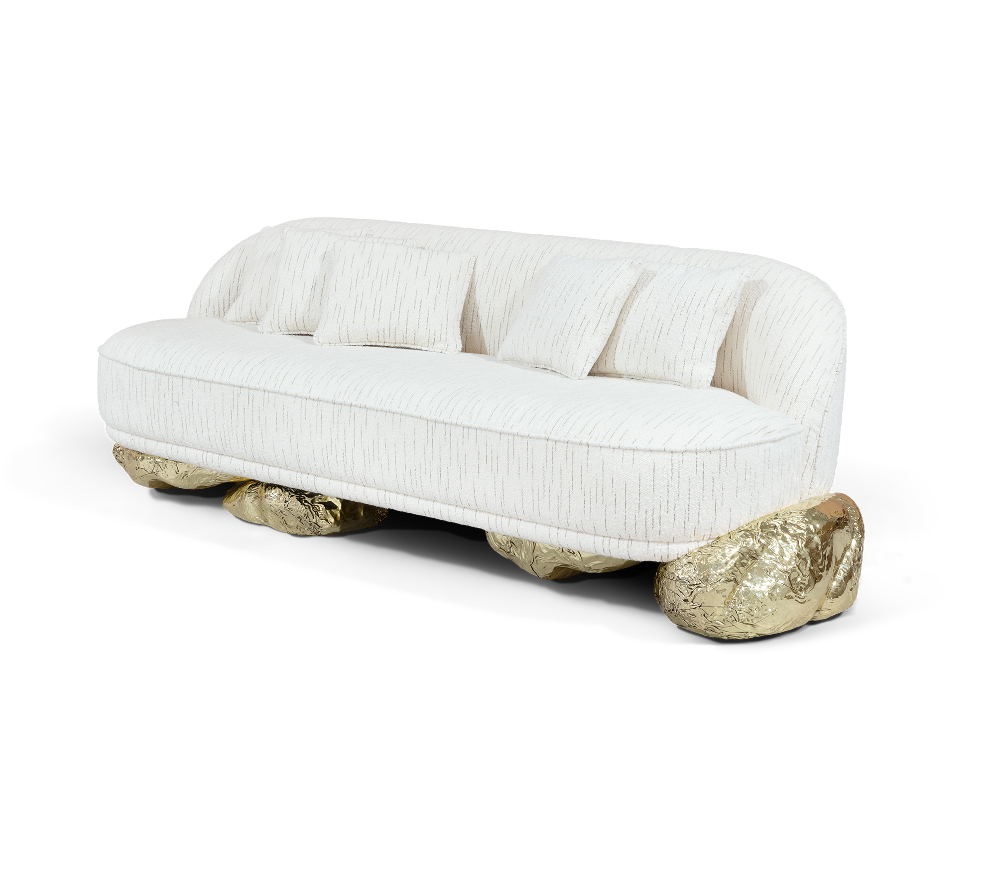 Luxury Sculptural Sofa with Polished Hammered Brass Base & Organic Curved Design