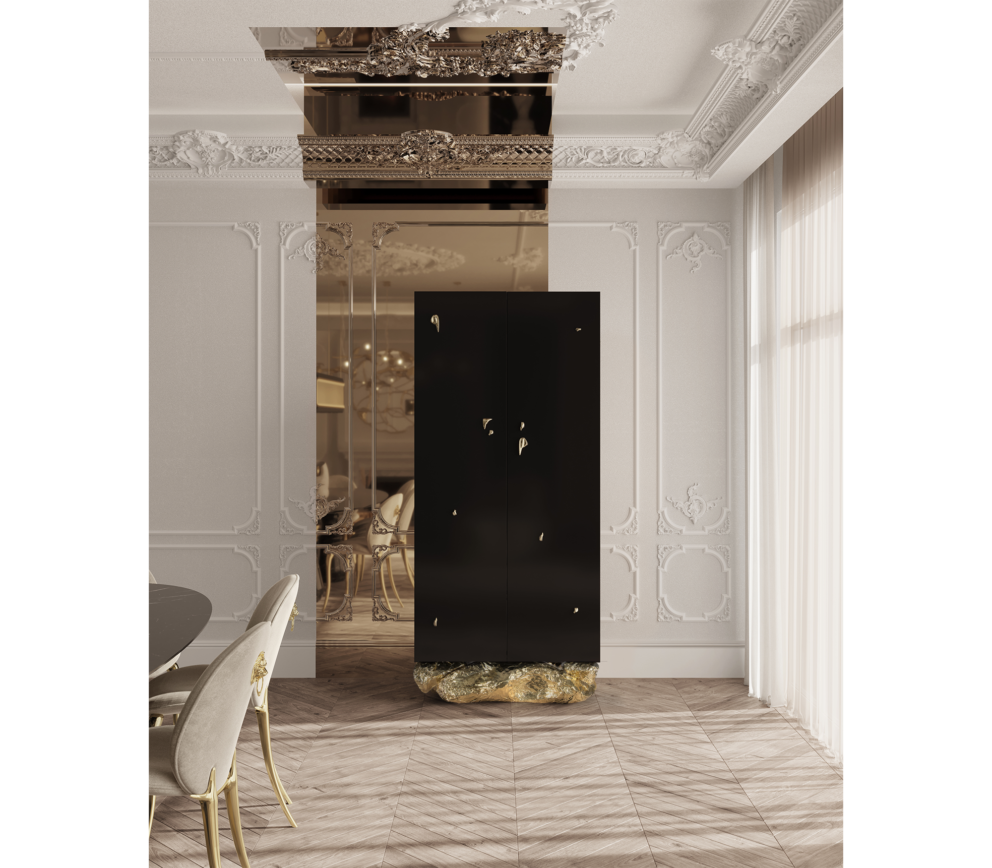 Luxury Marble Curio Cabinet with Brass Base, Glass Display Shelves & Hidden Storage