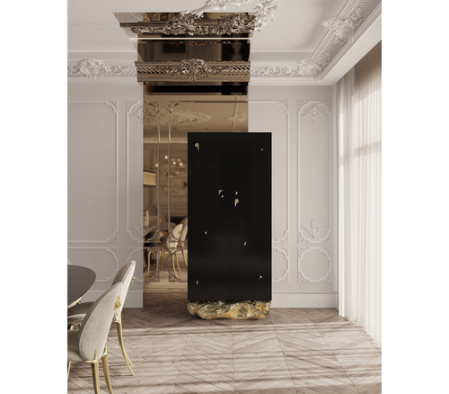 Luxury Marble Curio Cabinet with Brass Base, Glass Display Shelves & Hidden Storage