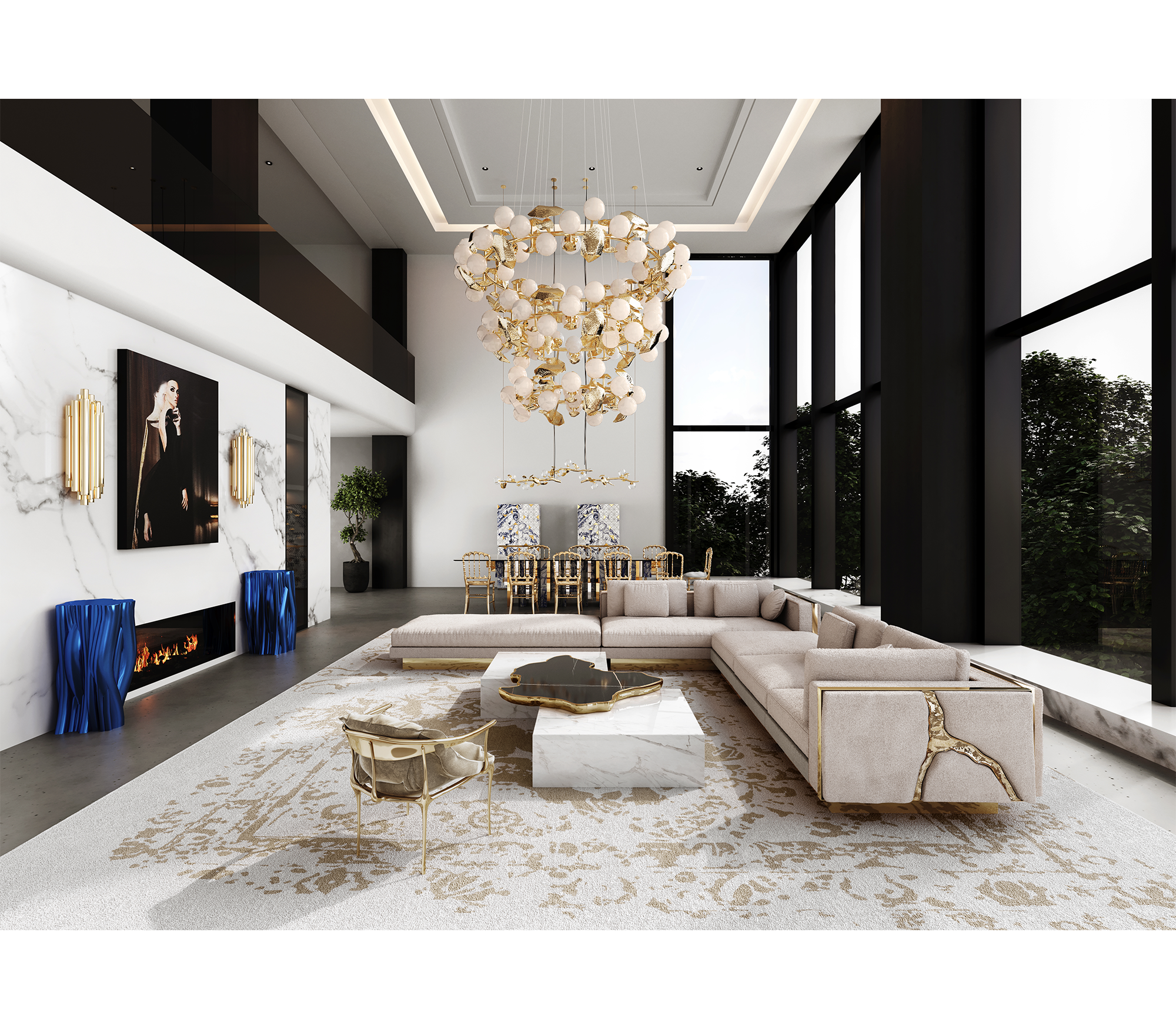 Luxury Modular Sofa with Karst-Inspired Sculptural Design & Polished Brass Frame