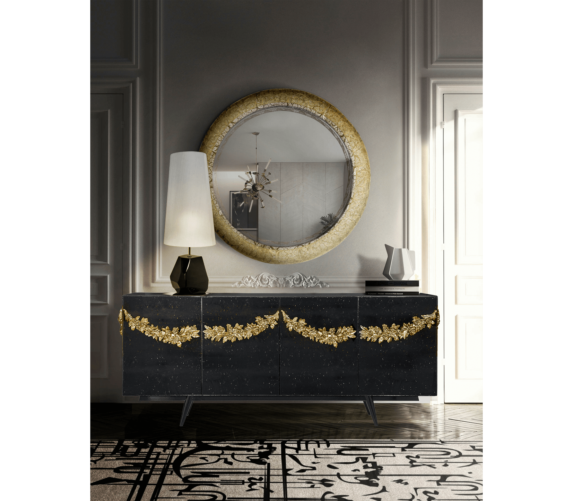 Luxury Black Sideboard Buffet Cabinet with Floral Carved Details & Storage