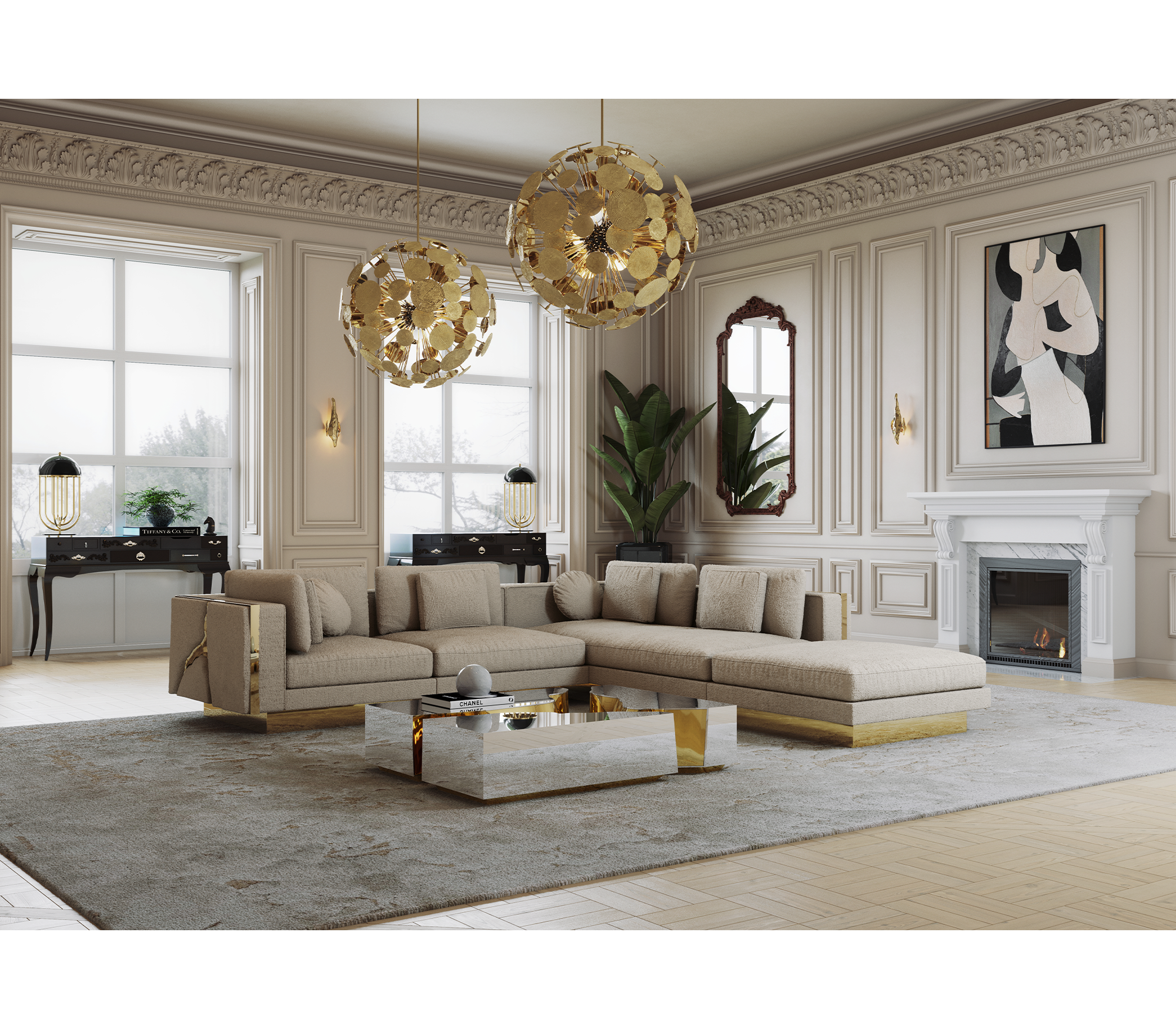Luxury Modular Sofa with Karst-Inspired Sculptural Design & Polished Brass Frame