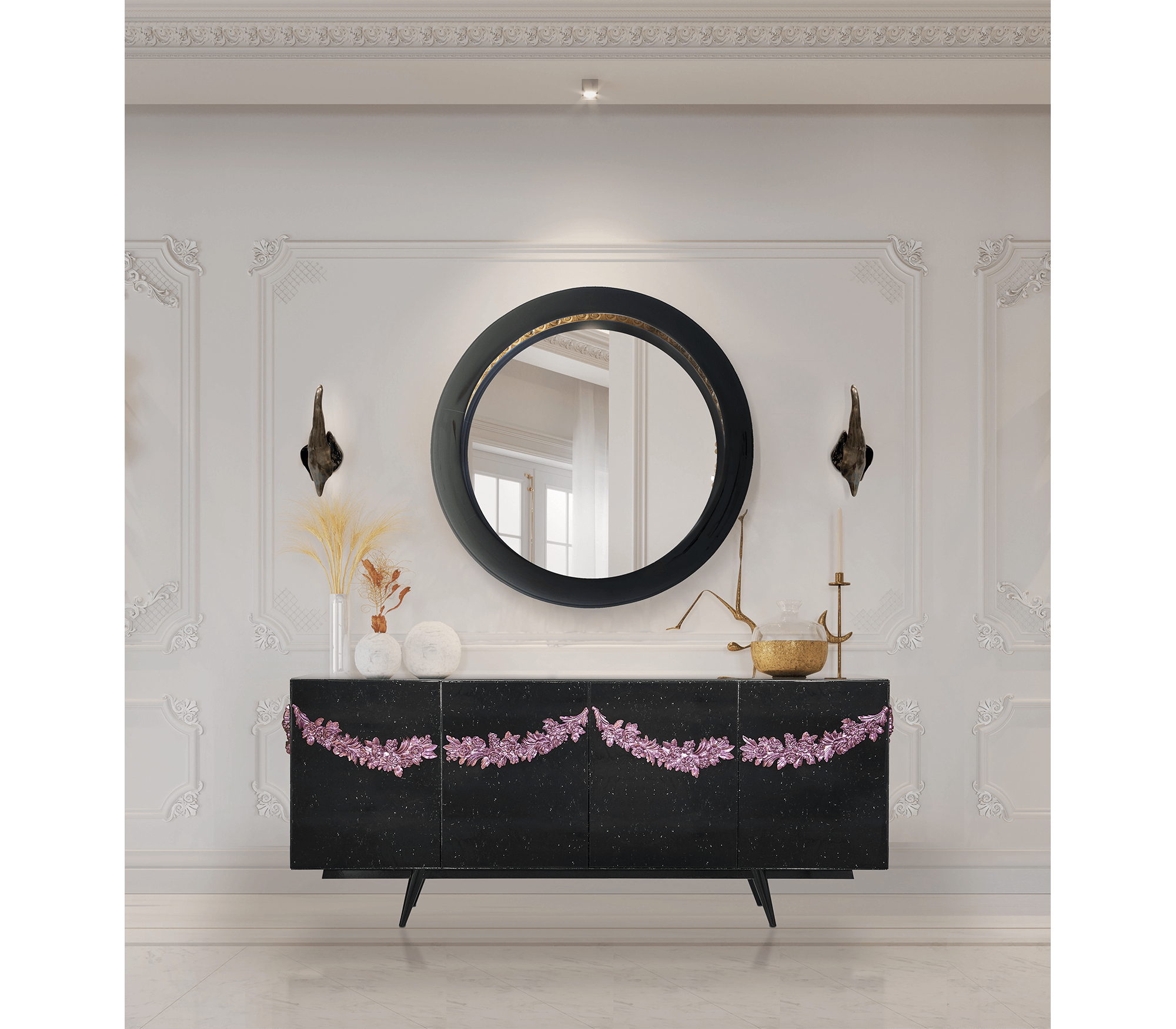 Luxury Black Sideboard Buffet Cabinet with Floral Carved Details & Storage