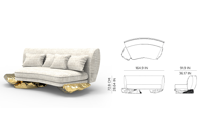 Luxury Sculptural Curved Sofa with Polished Hammered Brass Base & Organic Design