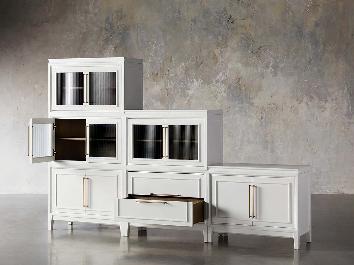 Rowan Modular Wall Unit Storage System Wood Tall Display Cabinet with Reeded Glass Doors