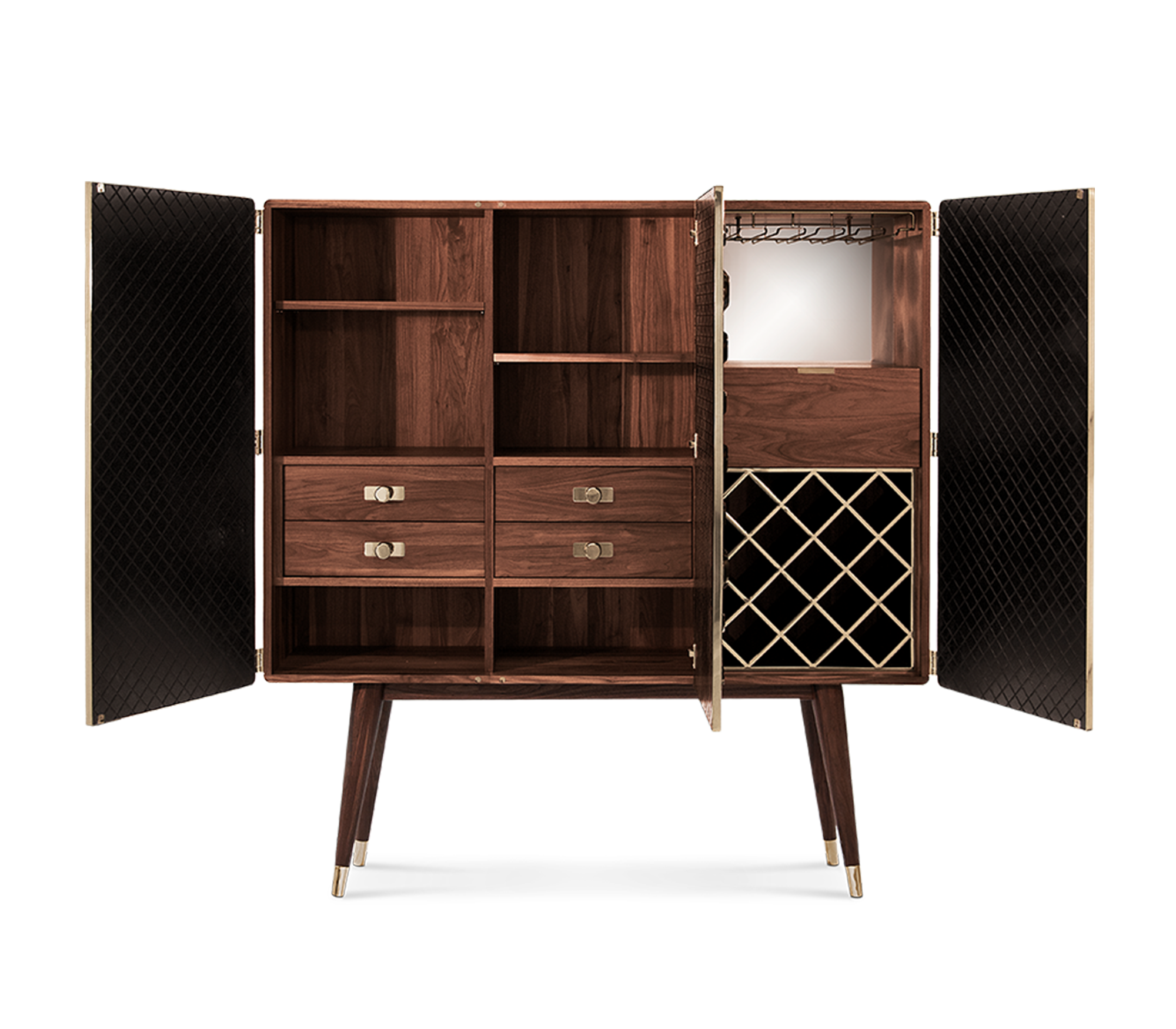Luxury Walnut Bar Cabinet with Brass Accents & Hidden Storage