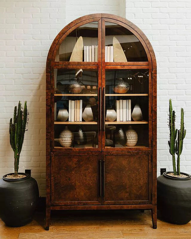 Hattie Mappa Burl Arched Glass Tall Display Cabinet with Wood Storage Cabinet