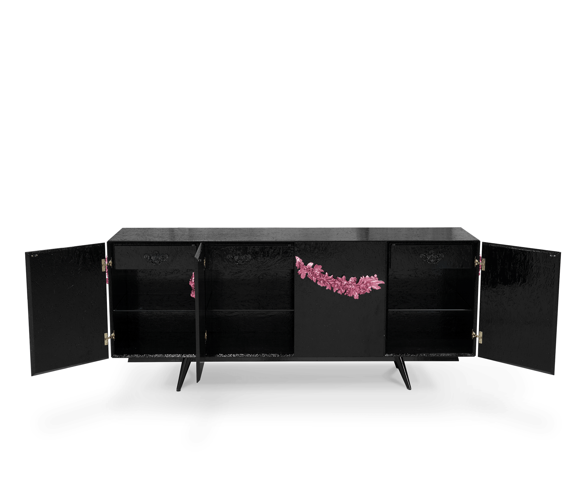 Luxury Black Sideboard Buffet Cabinet with Floral Carved Details & Storage