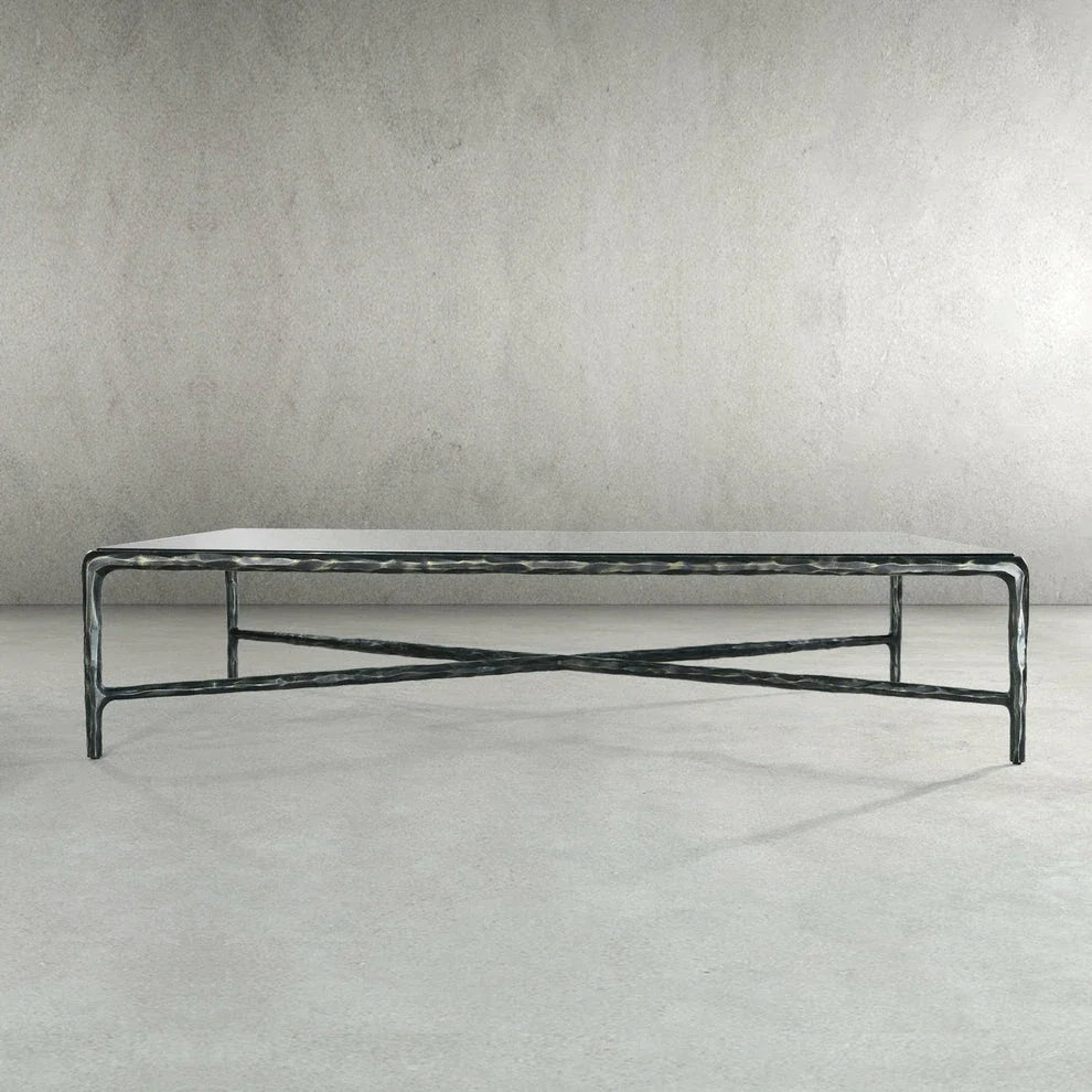 Thaddeus Metal Rectangular Glass Coffee Table Hand-Forged Living Sofa Center Tea Table