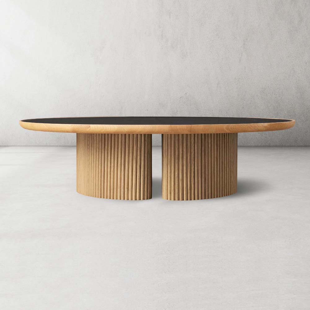 Astor Round Coffee Table Marble Top Oak Wood Base Sofa Center Tea Table