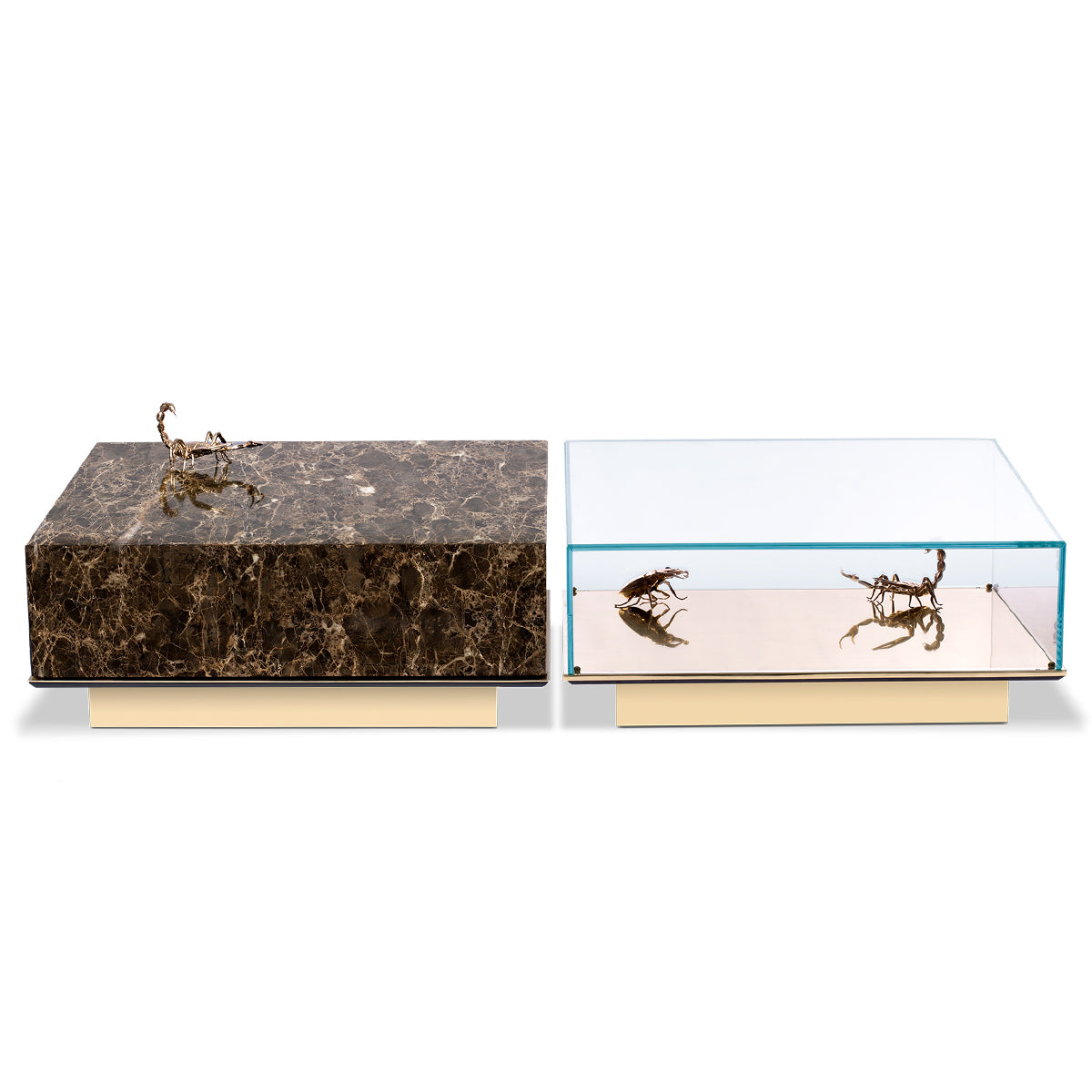 Luxury Coffee Table Set with Marble, Glass & Sculptural Gold Brass Design