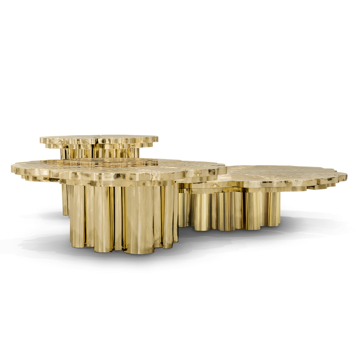Luxury Patina Brass Coffee Table Set with Round Tiered Tops & Statement Design