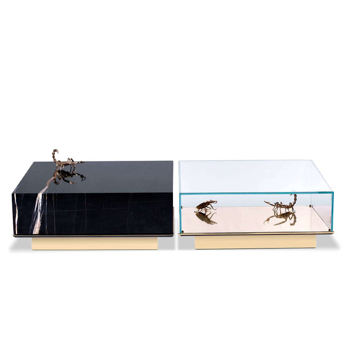 Luxury Coffee Table Set with Marble, Glass & Sculptural Gold Brass Design
