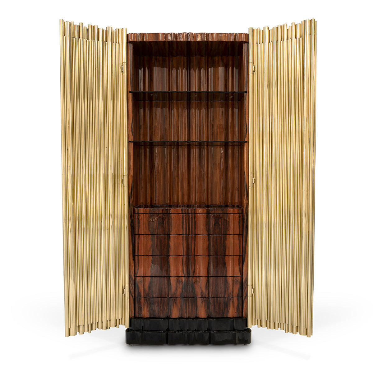 Luxury Curio Cabinet with Brass Tube Design, Glass Shelves & Hidden Storage