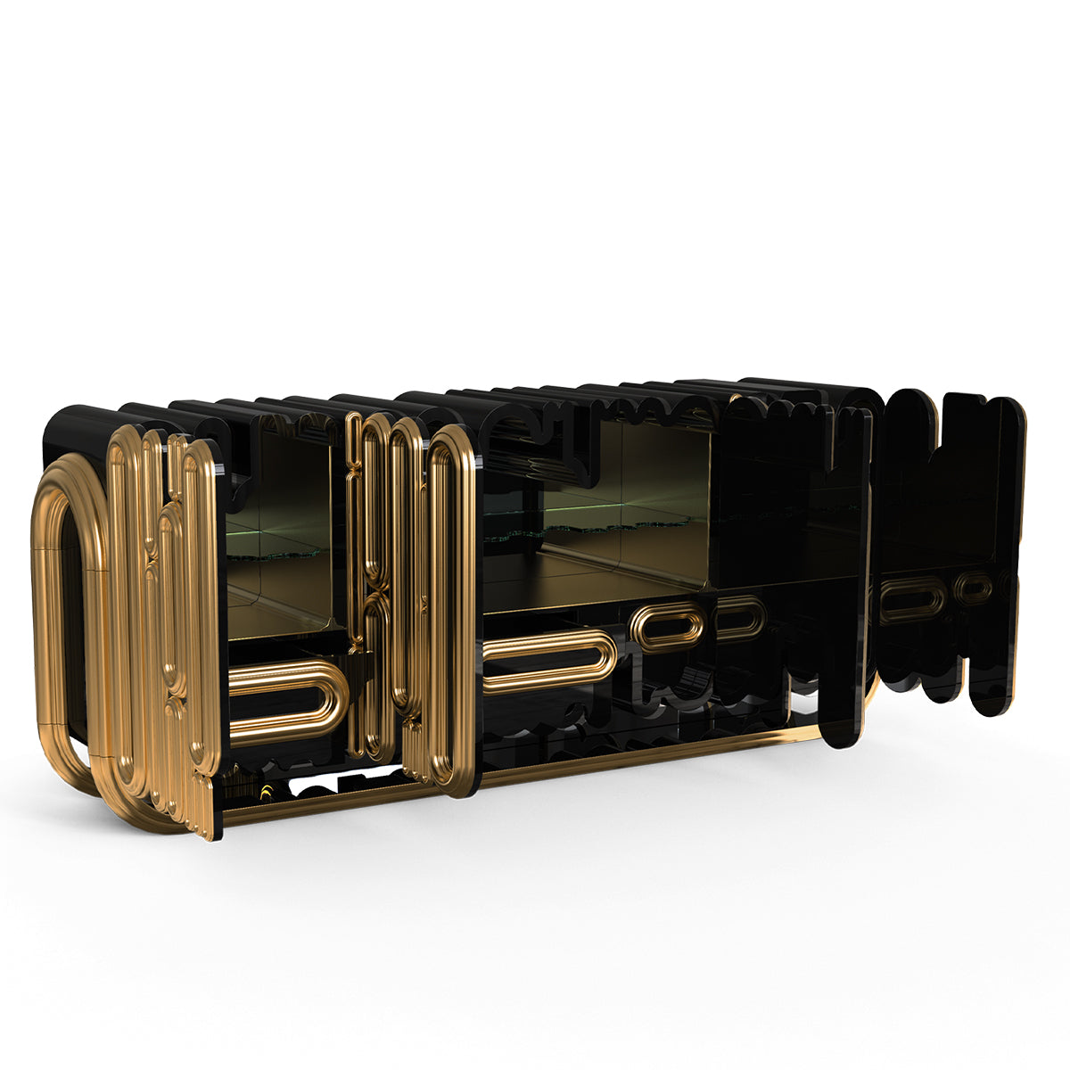 Luxury Gold Sideboard Buffet Cabinet with Sculptural Metal Design & Hidden Storage
