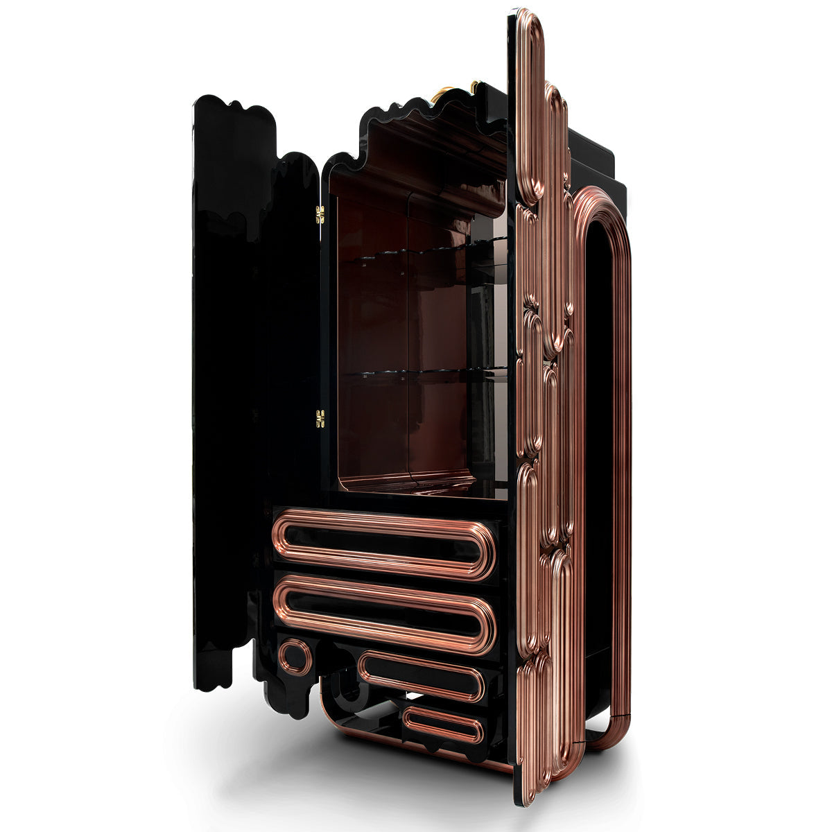 Luxury Bar Cabinet with Brass Tube Design, Glass Shelves & Hidden Storage