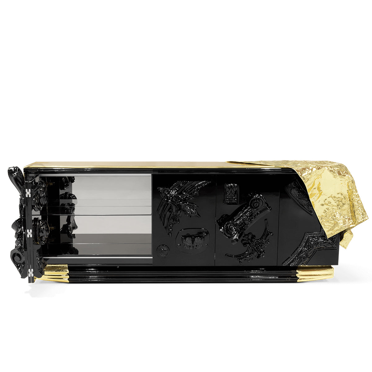 Luxury Black Sideboard Buffet Cabinet with Gold Leaf Details & Hidden Storage