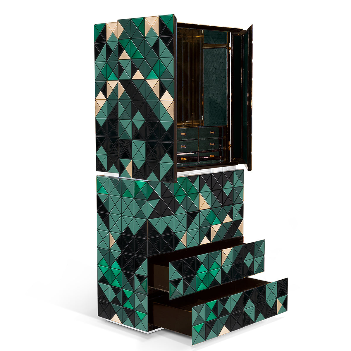 Luxury Walnut Curio Cabinet with Pixel-Inspired Design & Hidden Storage