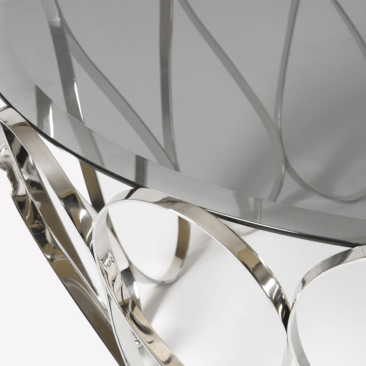 Luxury Round Coffee Table with Sculptural Brass Base, Smoked Glass Top & Modern Architectural Design