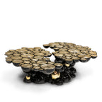 Luxury Sculptural Coffee Table with Gold Sphere Base & Black Glass Top