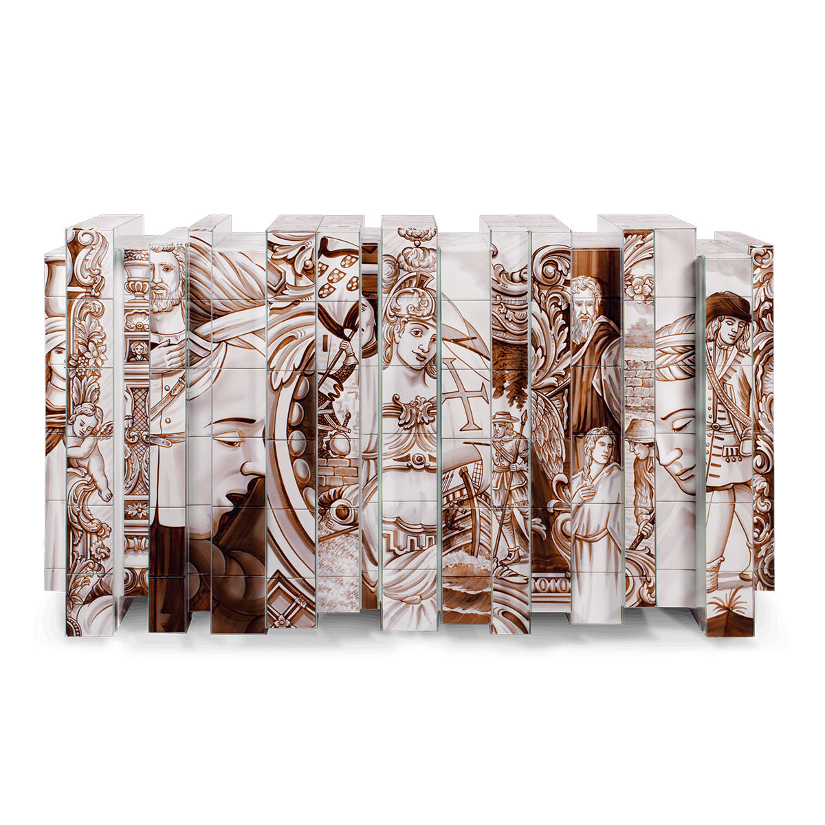 Luxury Hand-Painted Tile Sideboard Cabinet with Vintage Artwork & Hidden Storage
