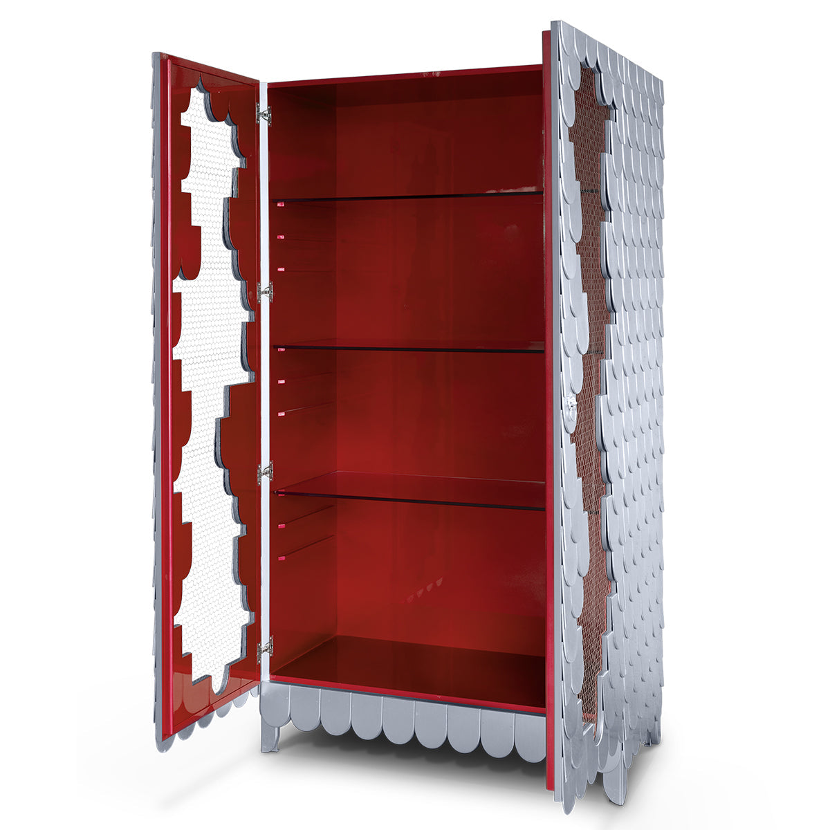 Luxury Display Cabinet with Silver Leaf Finish, Glass Shelves & Storage