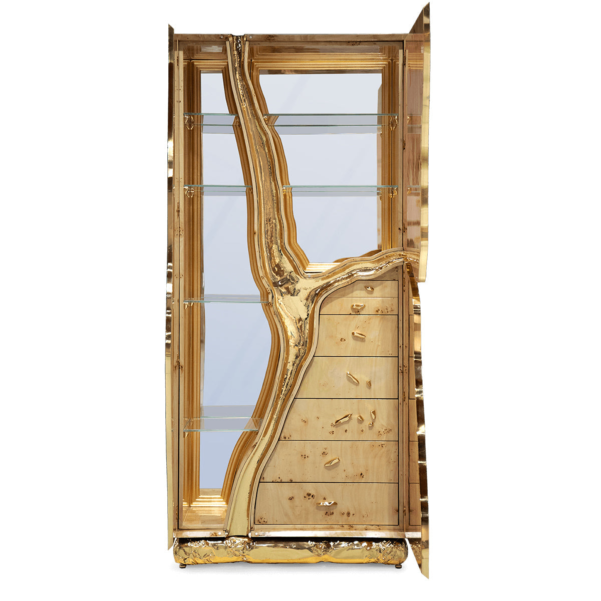 Luxury Walnut Display Cabinet with Sculptural Brass Accents & Hidden Storage