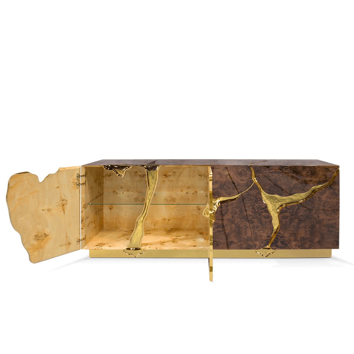Luxury Black Gold Sideboard Cabinet with Sculptural Cracked Design