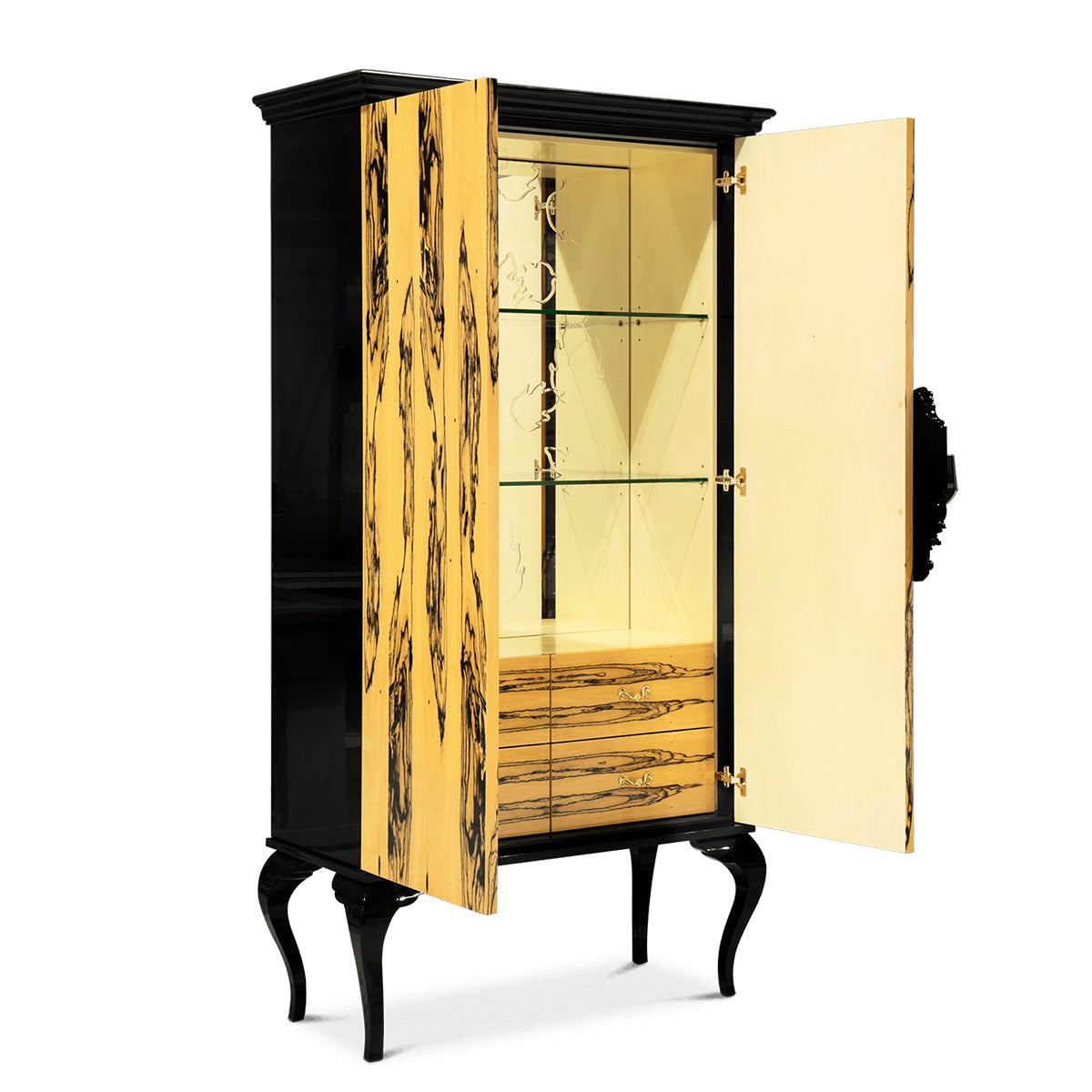 Luxury Sculptural Display Cabinet with Glass Shelves & Designer Storage