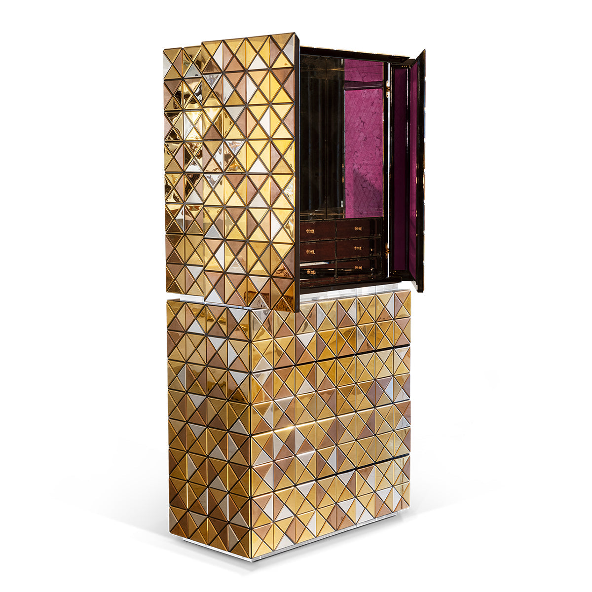 Luxury Walnut Curio Cabinet with Pixel-Inspired Design & Hidden Storage