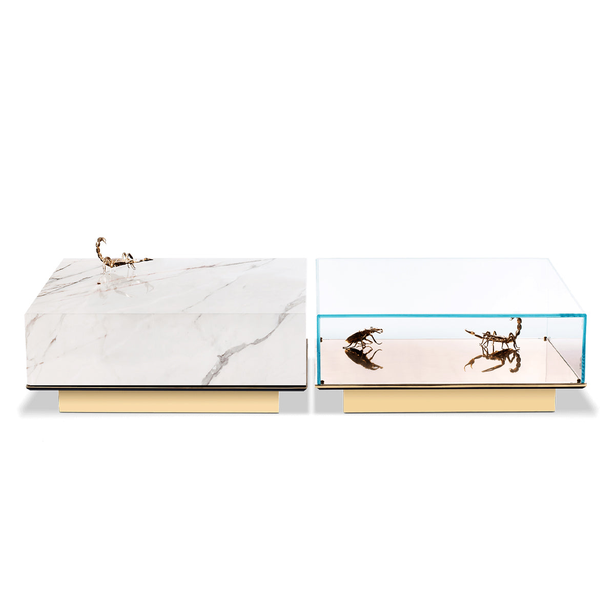 Luxury Coffee Table Set with Marble, Glass & Sculptural Gold Brass Design