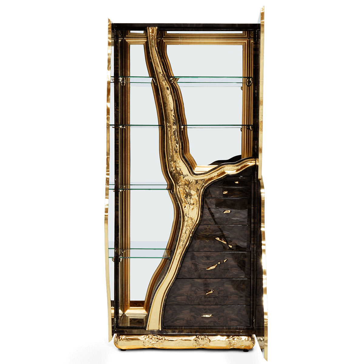 Luxury Walnut Display Cabinet with Sculptural Brass Accents & Hidden Storage