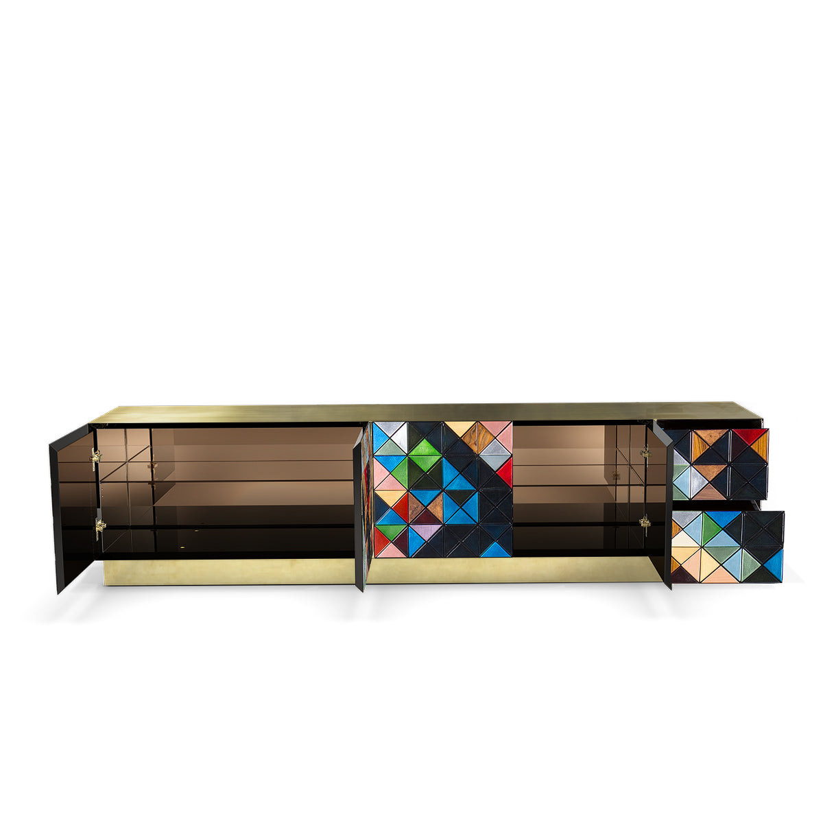Luxury Walnut Media Console with Pixel-Inspired Design & Hidden Storage