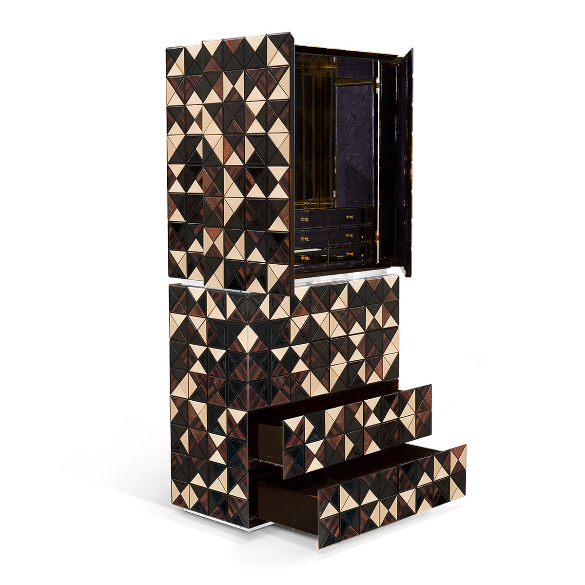 Luxury Walnut Curio Cabinet with Pixel-Inspired Design & Hidden Storage