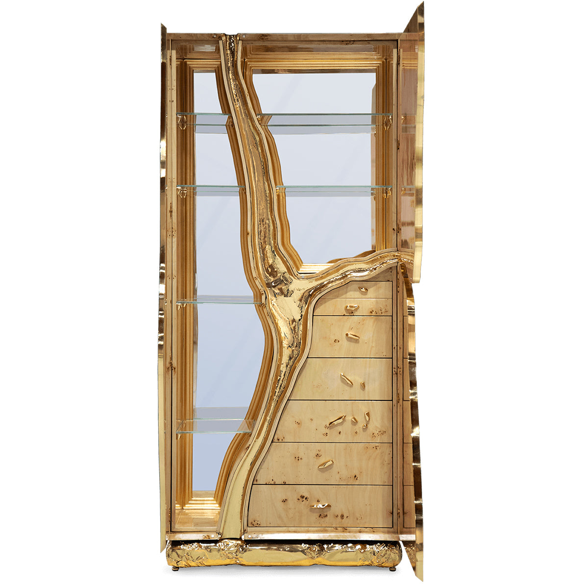 Luxury Walnut Display Cabinet with Sculptural Brass Accents & Hidden Storage
