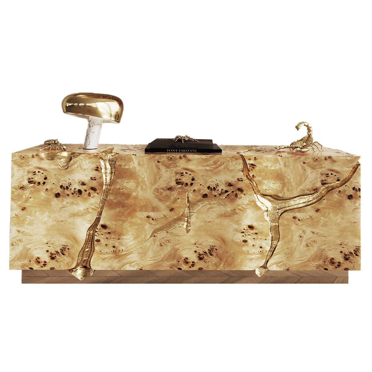 Luxury Black Gold Sideboard Cabinet with Sculptural Cracked Design