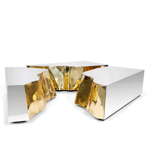 Luxury Coffee Table with Cracked Brass Sculptural Base & Smoked Glass Top Center Tea Table