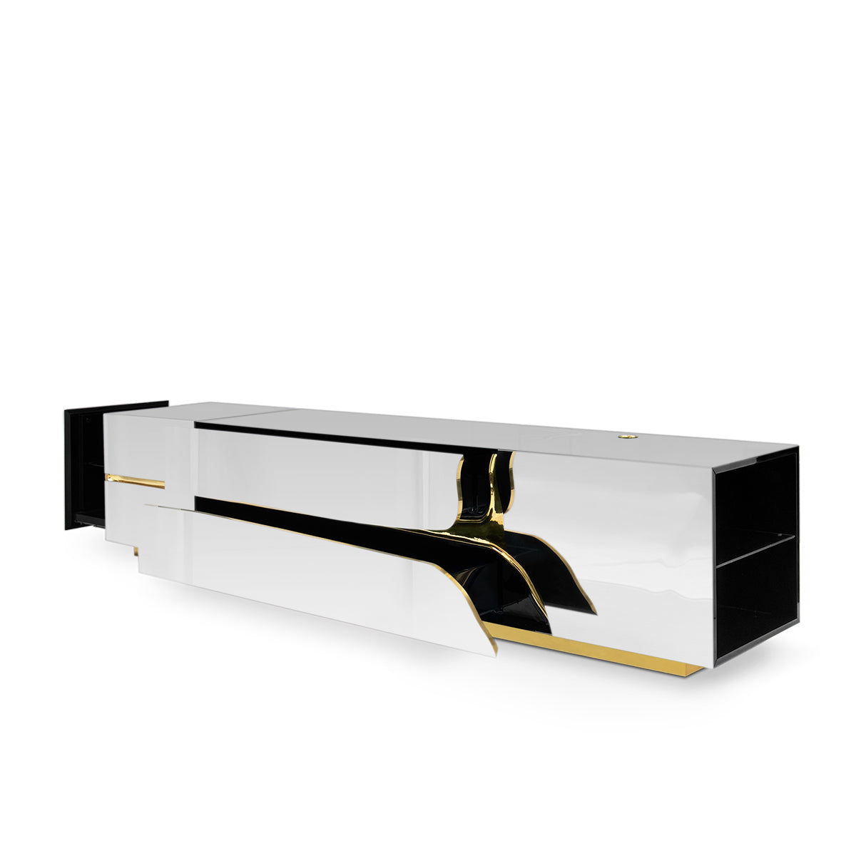Luxury Black Gold TV Stand Cabinet with Sculptural Design & Media Storage