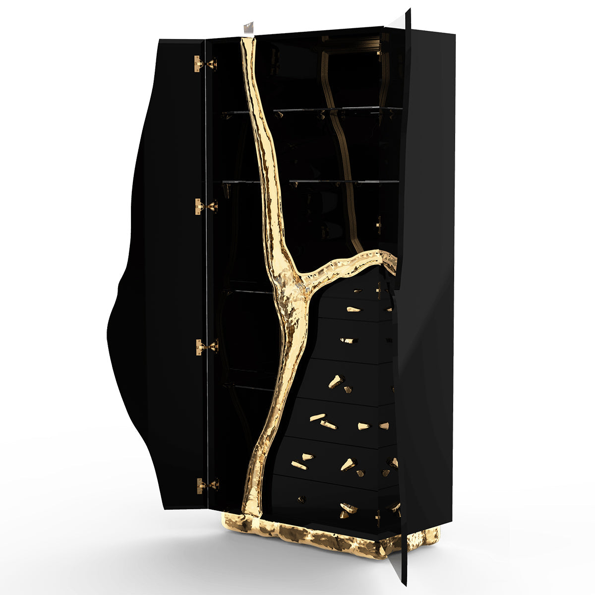 Luxury Walnut Display Cabinet with Sculptural Brass Accents & Hidden Storage