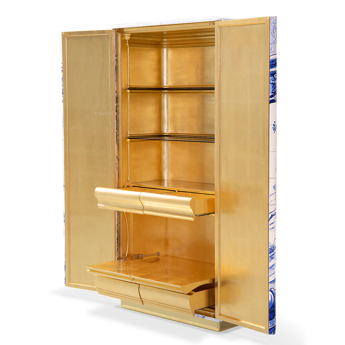Luxury Display Cabinet with Hand-Painted Tile Artwork, Glass Shelves & Storage