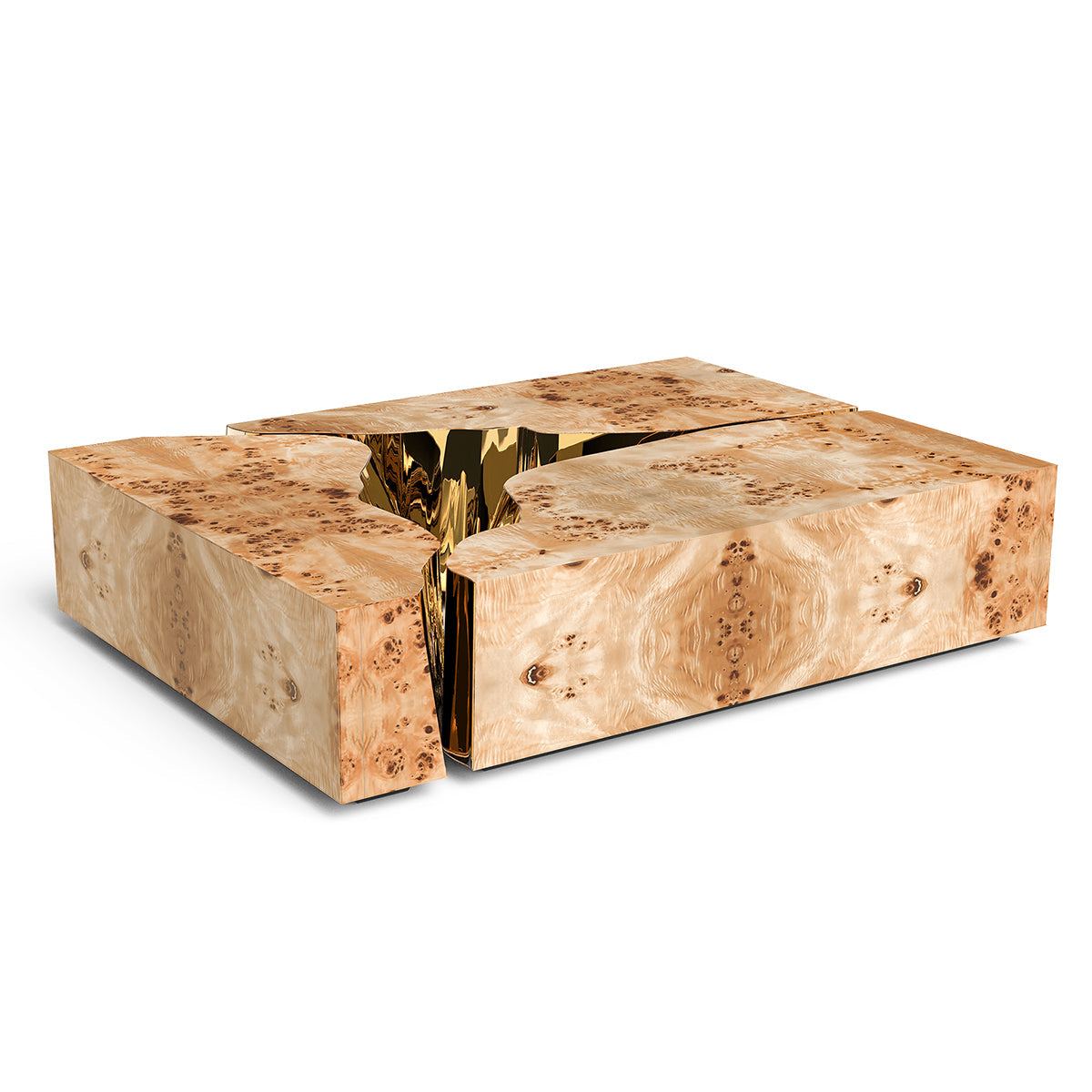 Luxury Coffee Table with Cracked Brass Sculptural Base & Smoked Glass Top