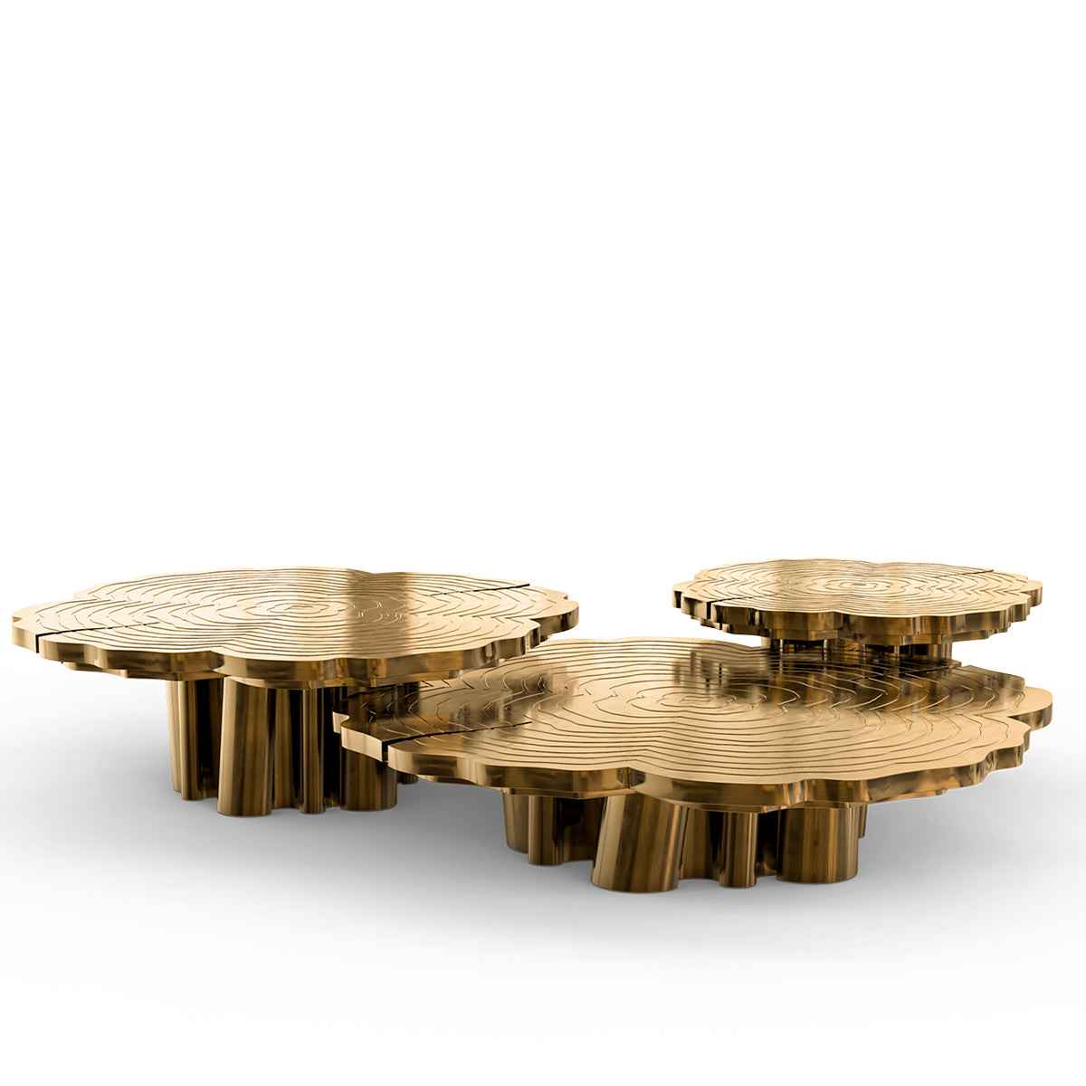 Luxury Patina Brass Coffee Table Set with Round Tiered Tops & Statement Design