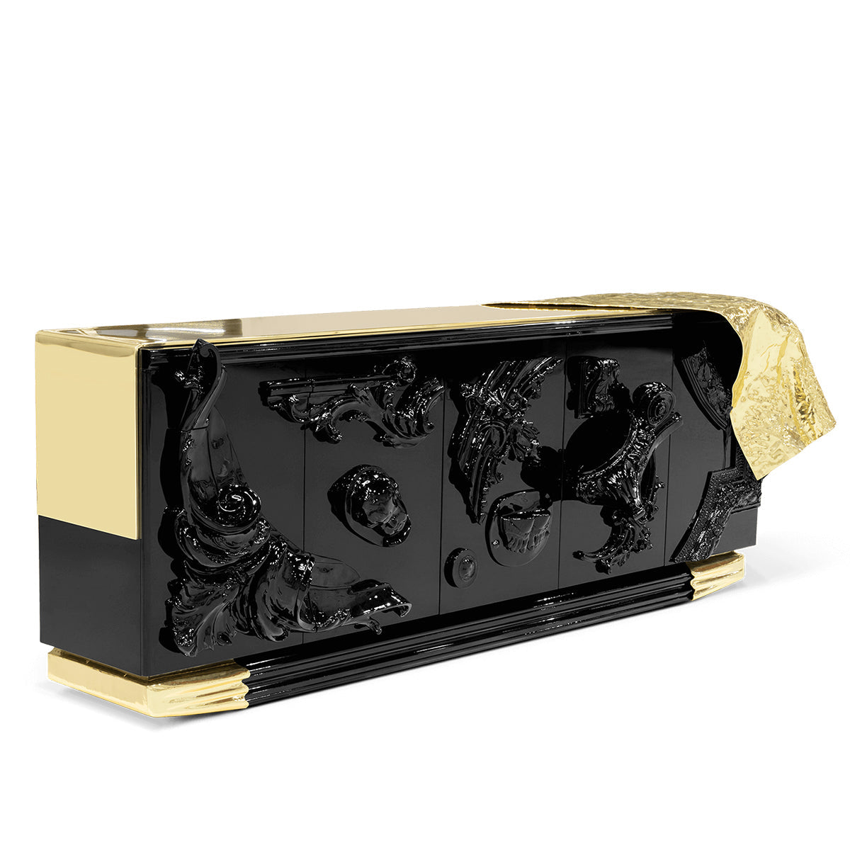 Luxury Black Sideboard Buffet Cabinet with Gold Leaf Details & Hidden Storage