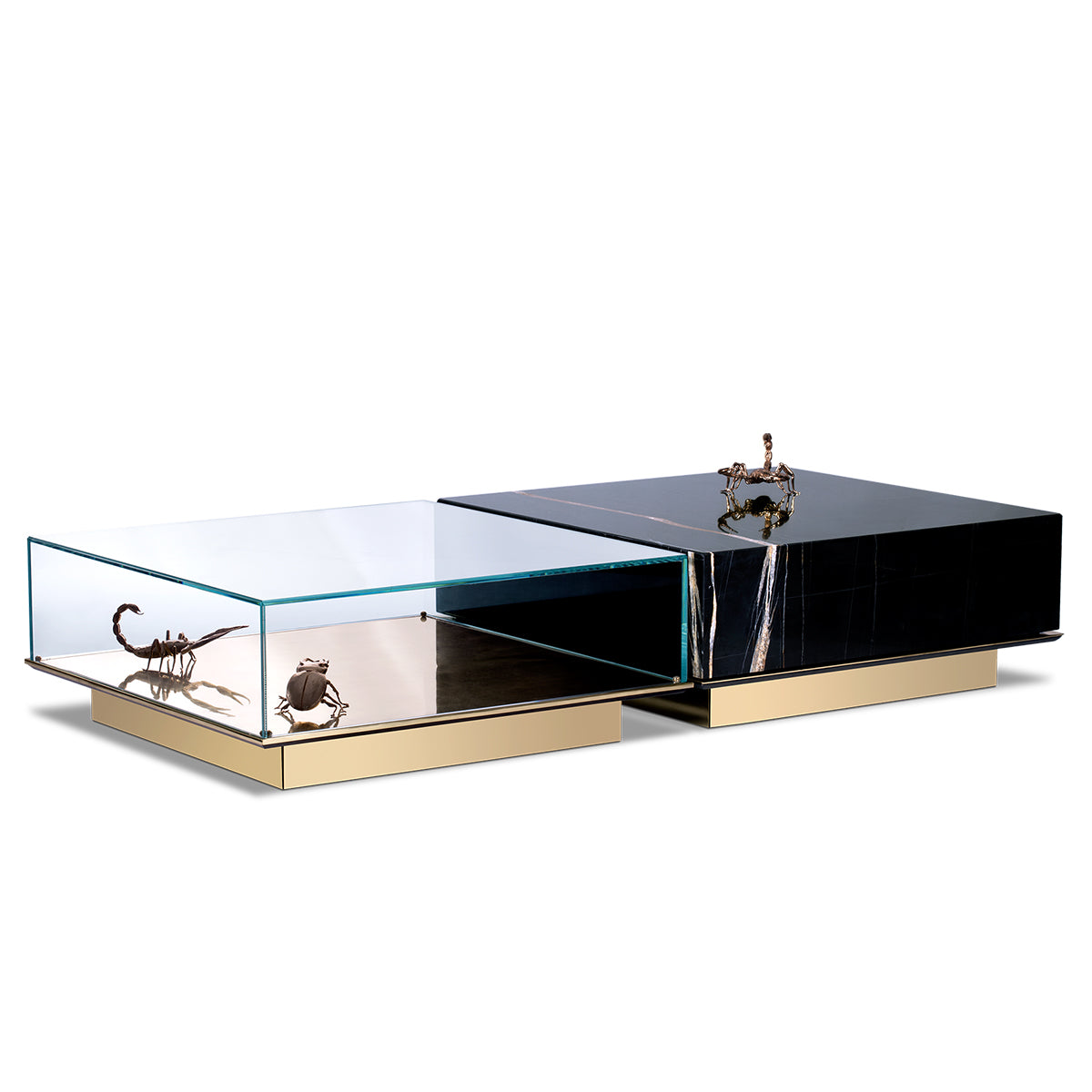 Luxury Coffee Table Set with Marble, Glass & Sculptural Gold Brass Design