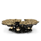 Luxury Sculptural Coffee Table with Gold Sphere Base & Black Glass Top