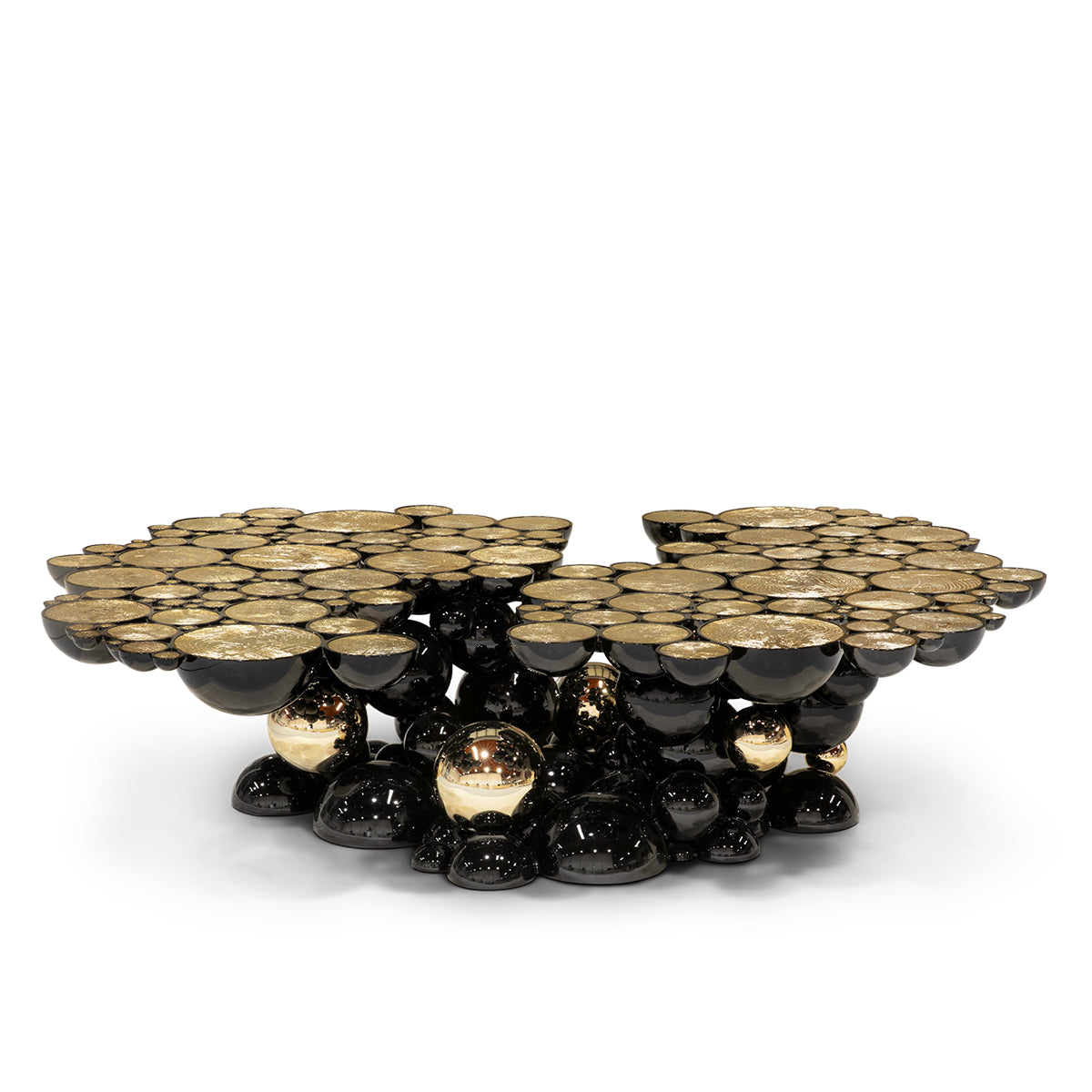 Luxury Sculptural Coffee Table with Gold Sphere Base & Black Glass Top