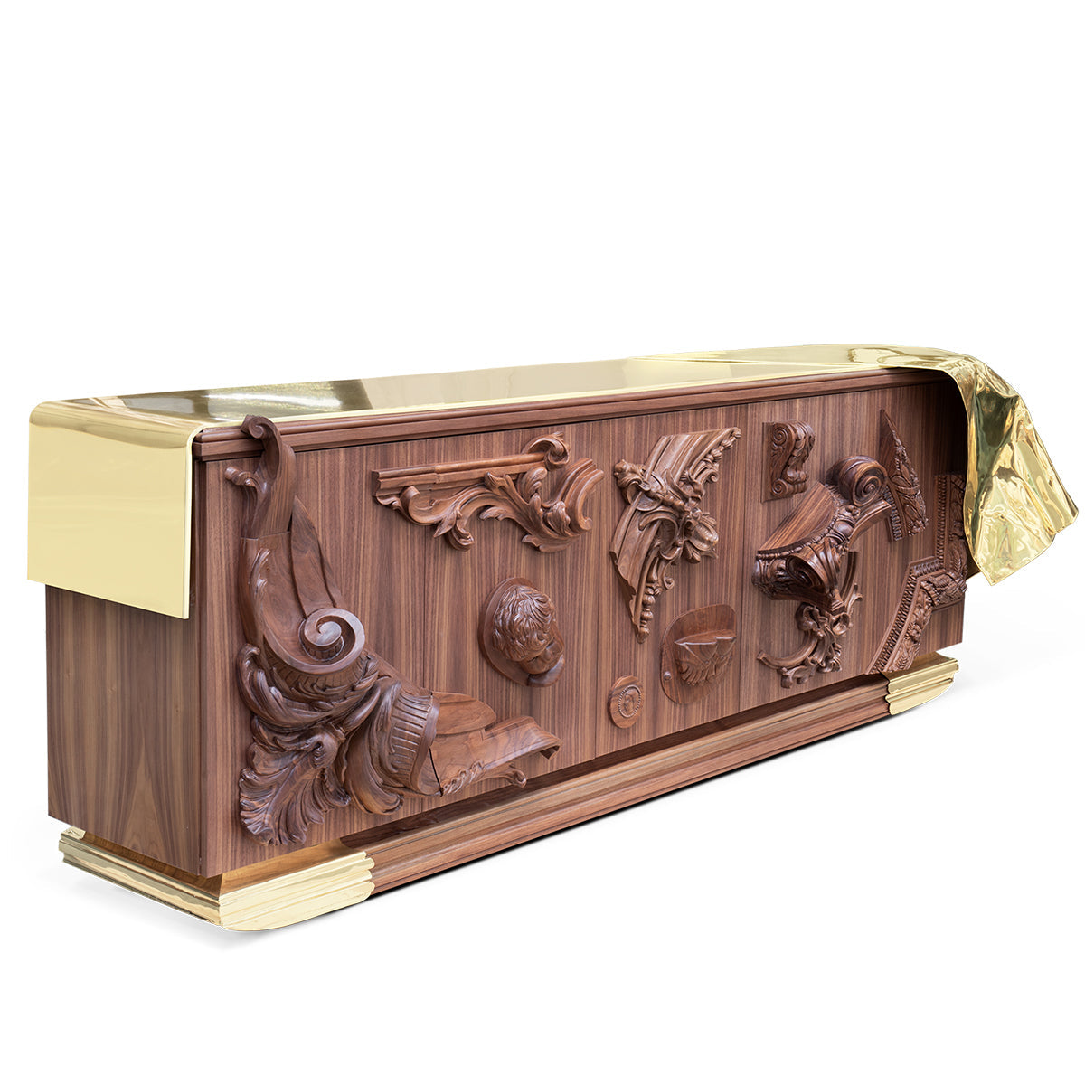 Luxury Black Sideboard Buffet Cabinet with Gold Leaf Details & Hidden Storage