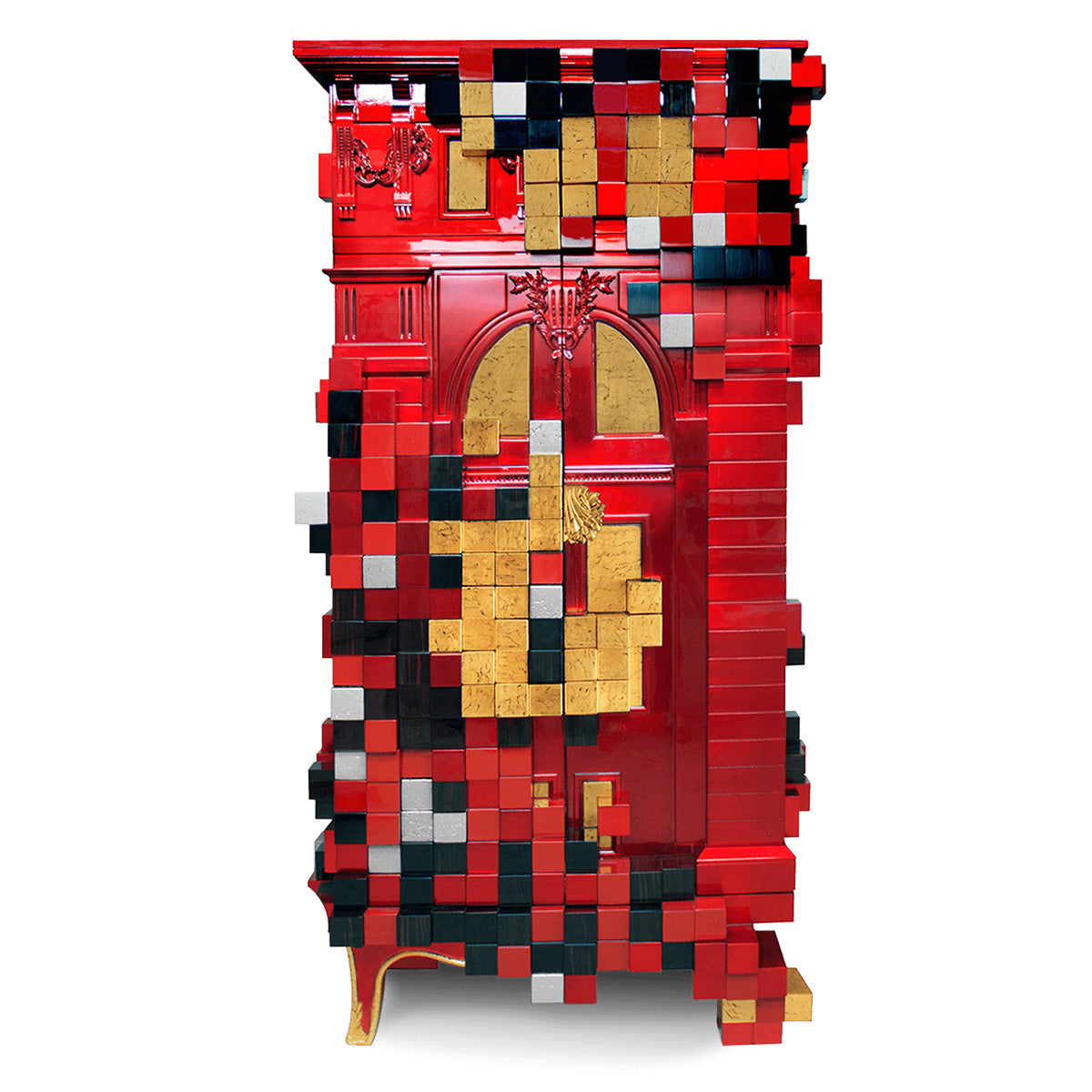 Luxury Display Cabinet with Geometric Pixel Design, Glass Shelves & Storage