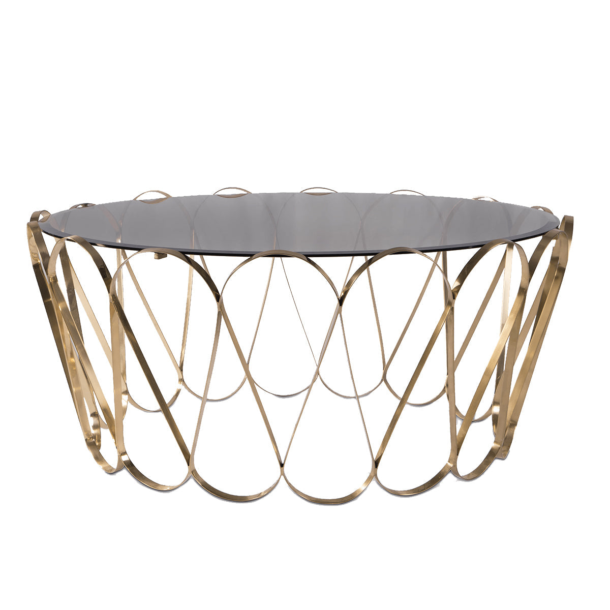 Luxury Round Coffee Table with Sculptural Brass Base, Smoked Glass Top & Modern Architectural Design